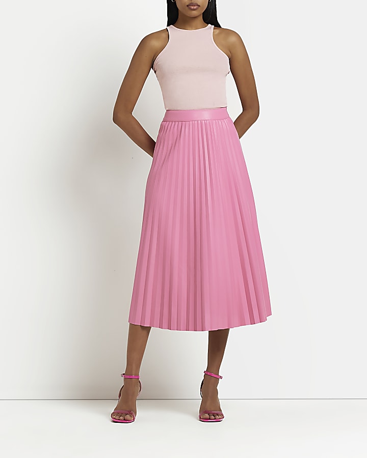 Pink faux leather pleated midi skirt