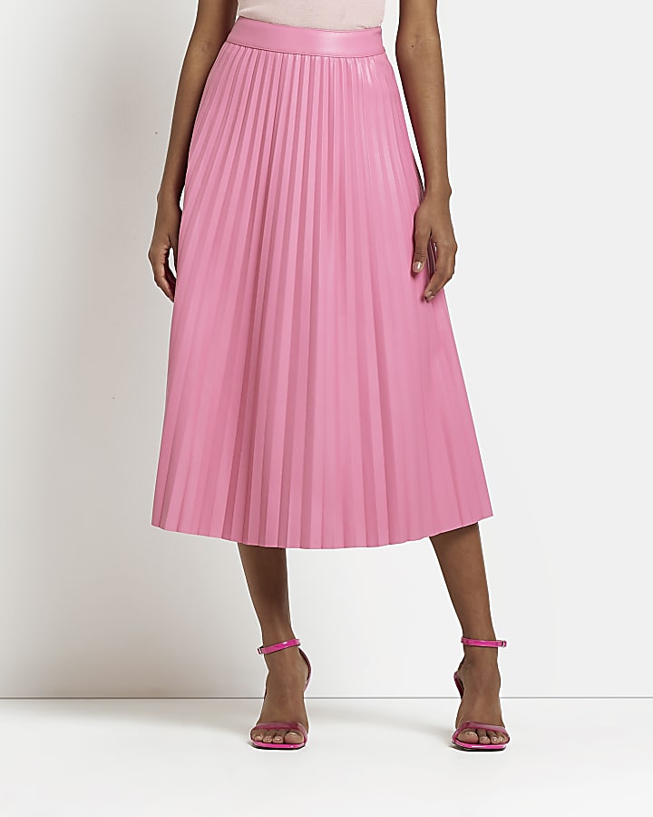 Pink faux leather pleated midi skirt