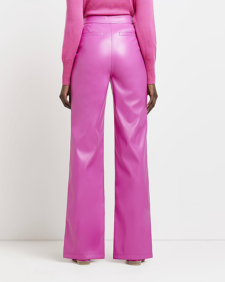Pink faux leather straight leg trousers