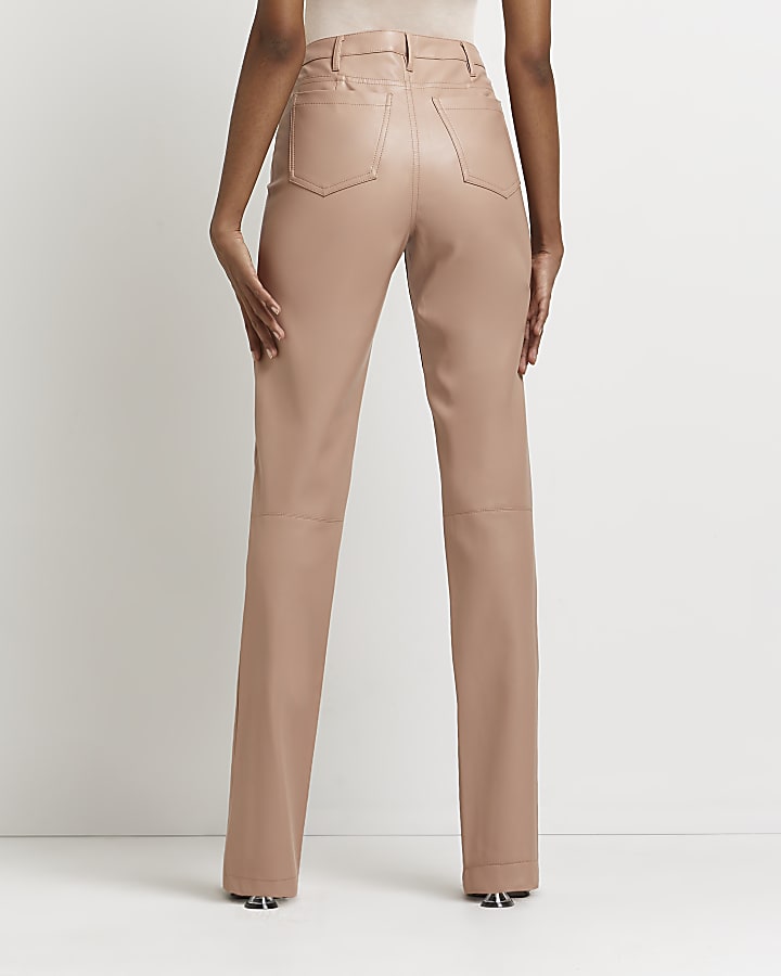 Pink faux leather straight leg trousers