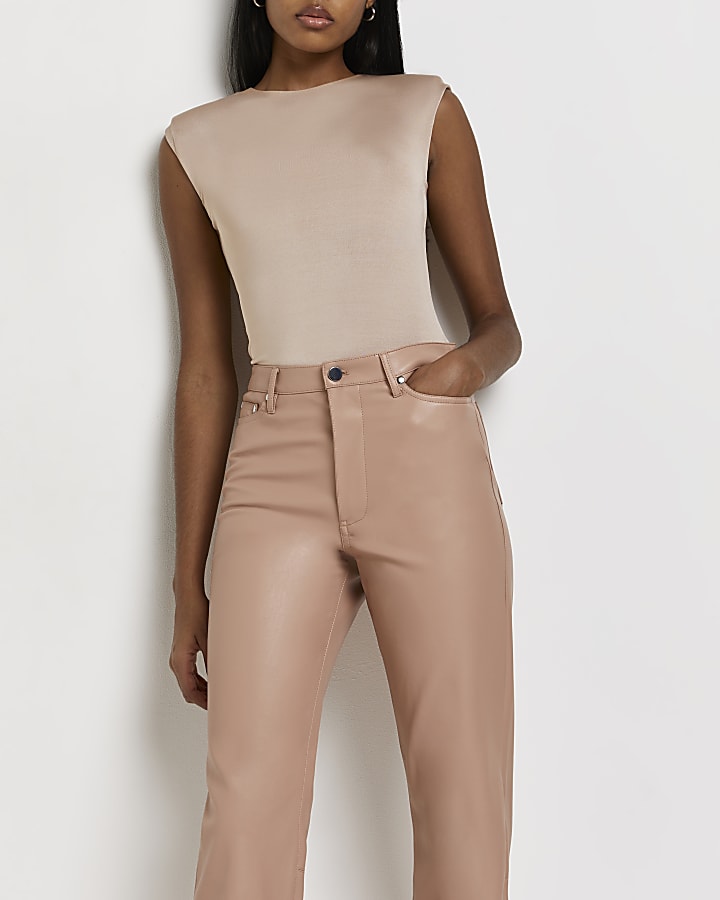 Pink Faux Leather Straight Leg Trousers, Pink Faux Leather Pants