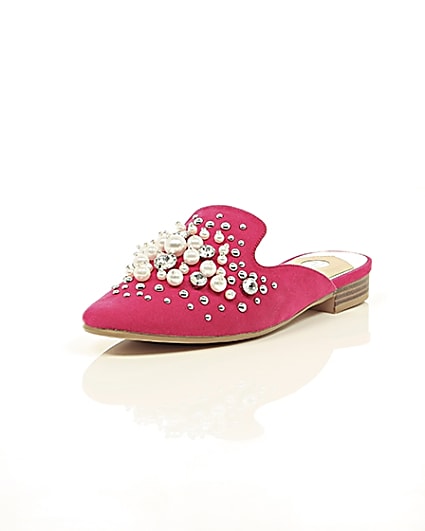 360 degree animation of product Pink faux pearl embellished backless loafers frame-0