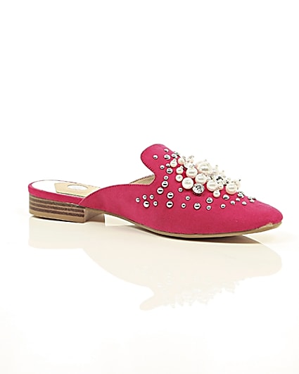 360 degree animation of product Pink faux pearl embellished backless loafers frame-7