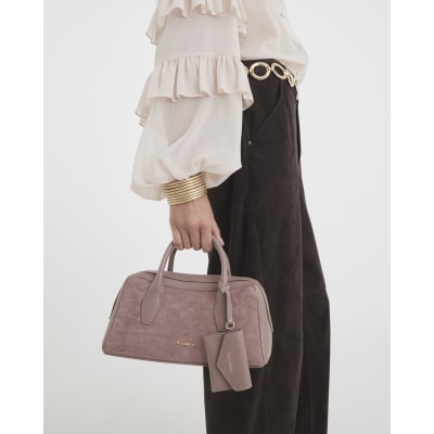 Pink Faux Suede Curved Top Bowler Bag