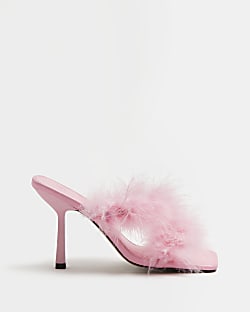 Pink feather heeled mules