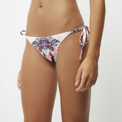 Pink feather print tie side bikini bottoms