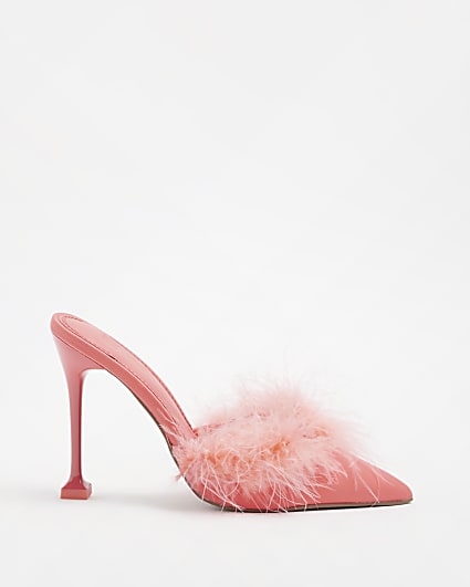 Pink feather trim heeled court shoes