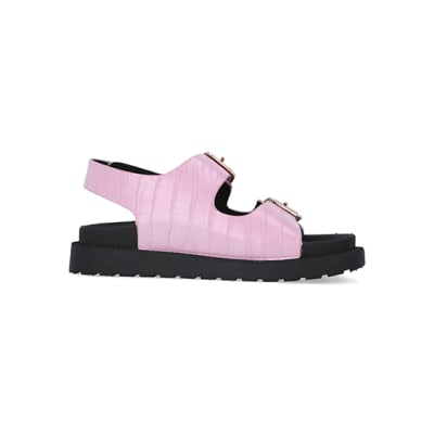 360 degree animation of product Pink Flat form Buckle Sandals frame-16