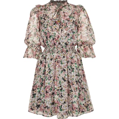 Pink flora puff sleeve mini dress