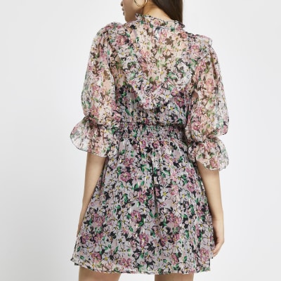 Pink flora puff sleeve mini dress