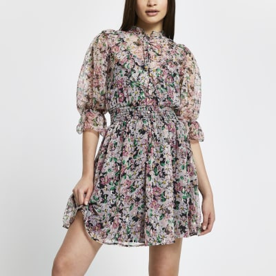 Pink flora puff sleeve mini dress