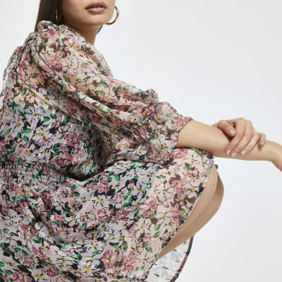 Pink flora puff sleeve mini dress