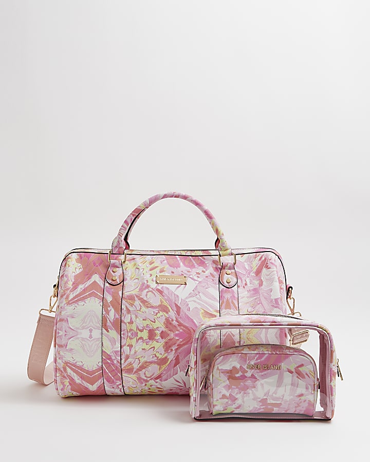 Pink floral barrel and make up bag set