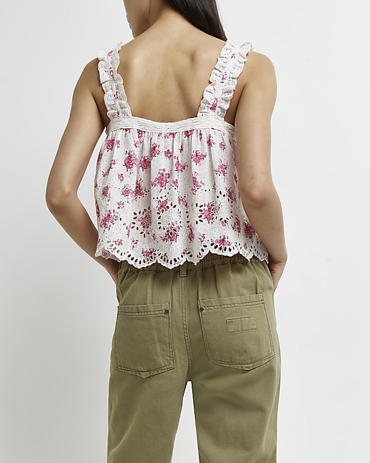 Pink floral broderie cami top