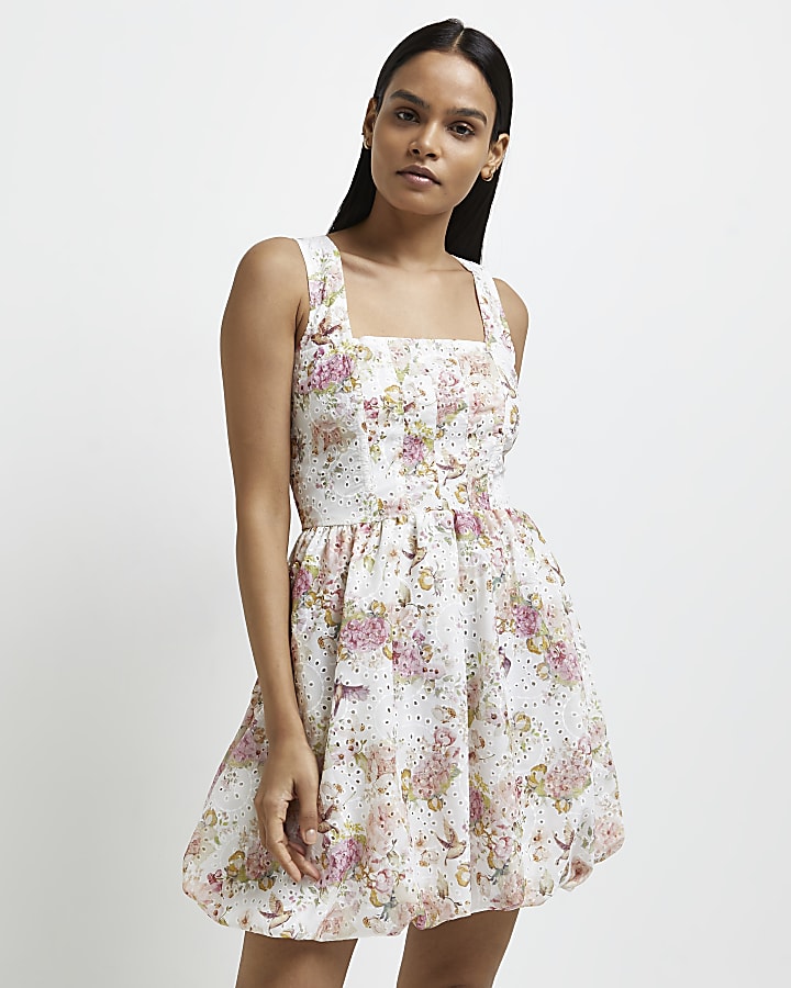 Pink floral broderie mini dress | River Island