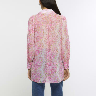 Pink floral chiffon longline shirt