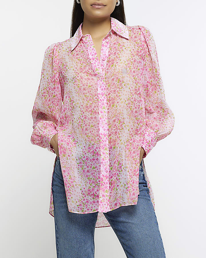 Pink floral chiffon longline shirt
