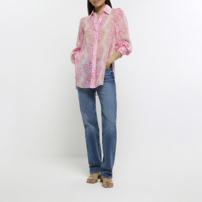 Pink floral chiffon longline shirt