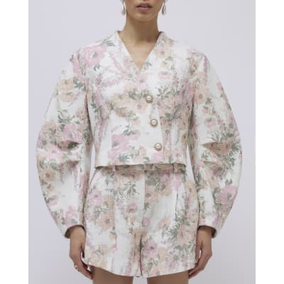 Pink Floral Cocoon Sleeve Boucle Jacket
