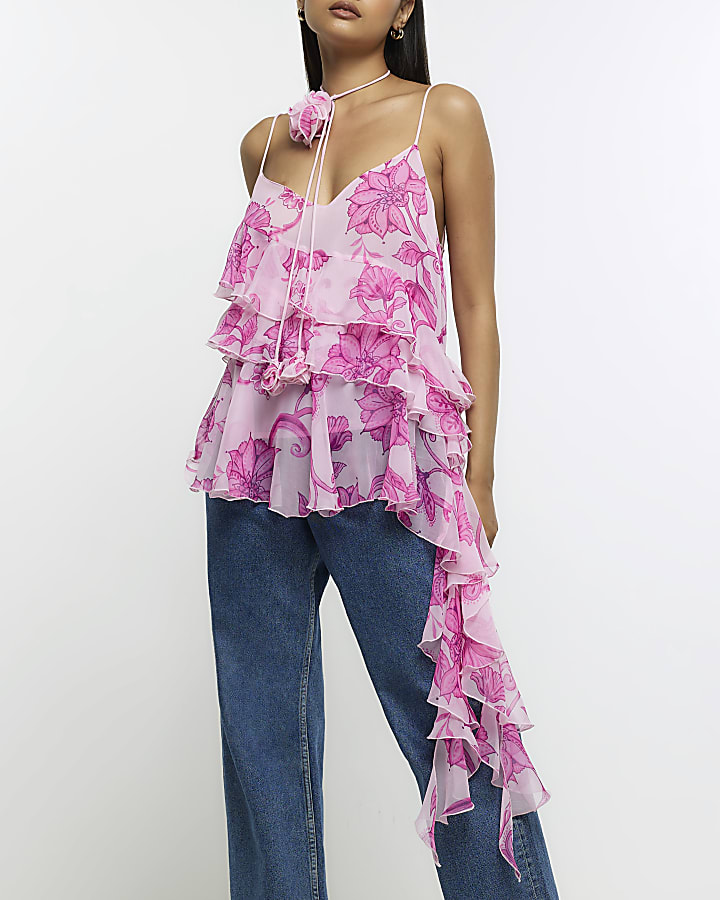 Pink floral corsage frill cami top