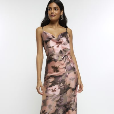 Pink floral cowl neck slip midi dress