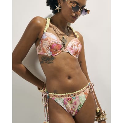 Pink Floral Crochet Tie Side Bikini Bottoms