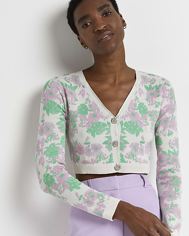 Pink floral cropped cardigan