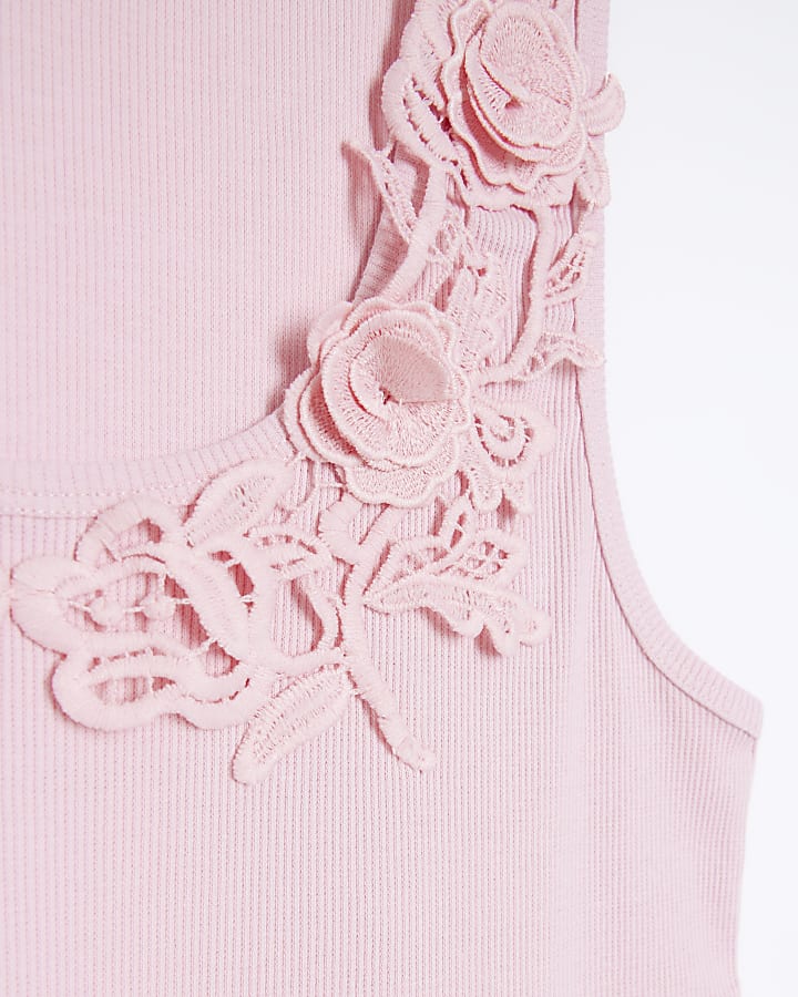 Pink floral detail ribbed vest top
