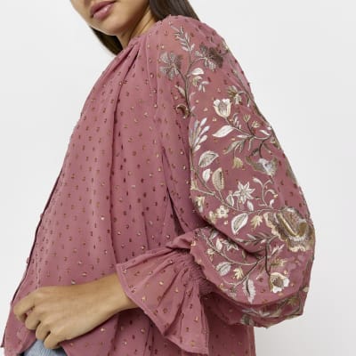 Pink floral embroidered smock top
