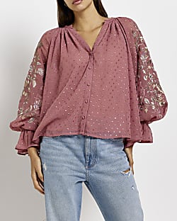 Pink floral embroidered smock top