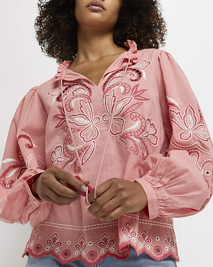 Pink floral embroidered smock top