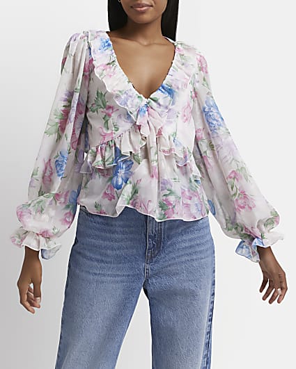 Pink floral frill blouse