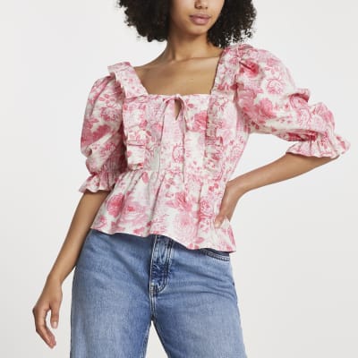 Pink Floral Frill Hem Blouse Top River Island