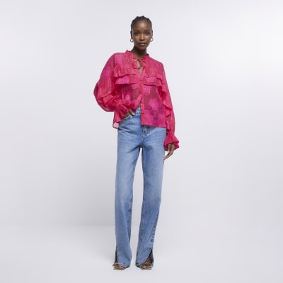 Pink floral frill long sleeve blouse