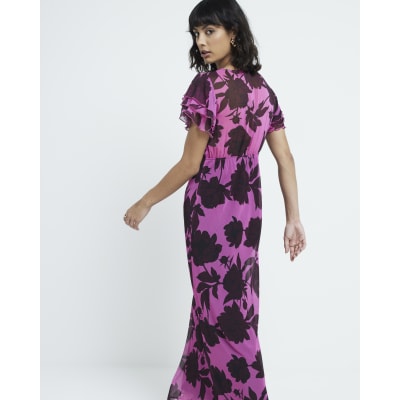 Pink Floral Frill Maxi Dress River Island