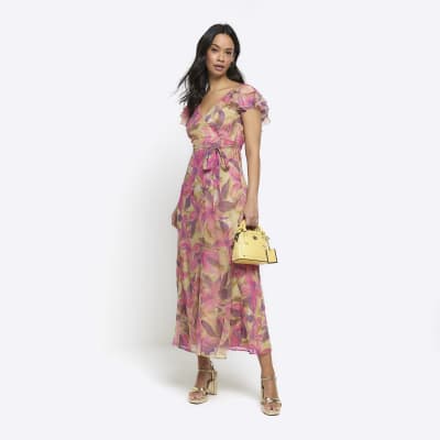 Pink floral frill sleeve swing midi dress River Island