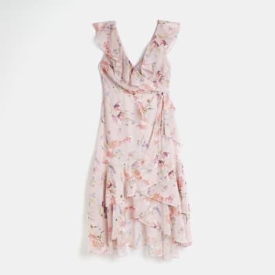 Pink floral frill wrap midi dress