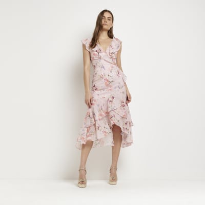 Pink floral frill wrap midi dress | River Island