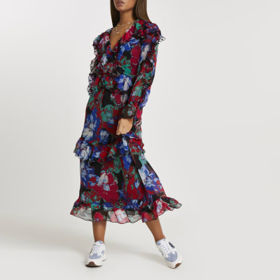 Pink floral frilled midi dress