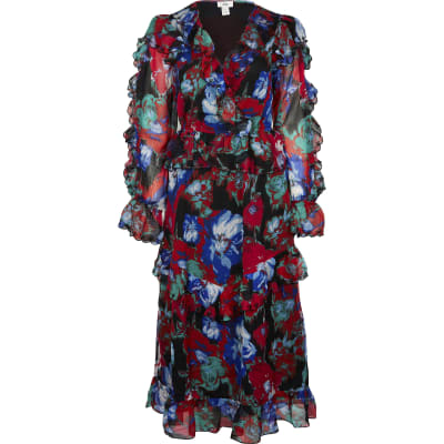 Pink floral frilled midi dress