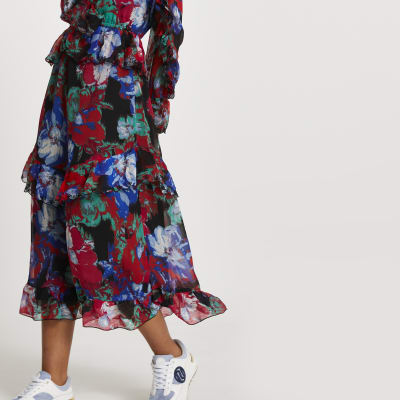 Pink floral frilled midi dress