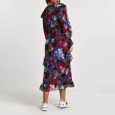 Pink floral frilled midi dress