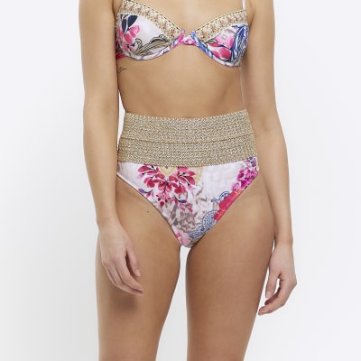 Pink floral high waisted bikini bottoms