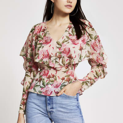 Pink floral long frill sleeve blouse | River Island