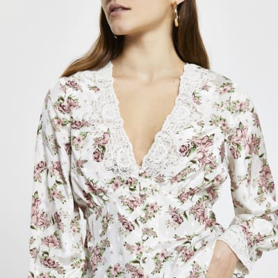 Pink Floral Long Sleeve Tea Blouse Top River Island 6137