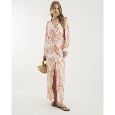 Pink Floral Long Sleeve Twist Maxi Dress