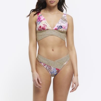 Pink floral low rise wrap bikini bottoms