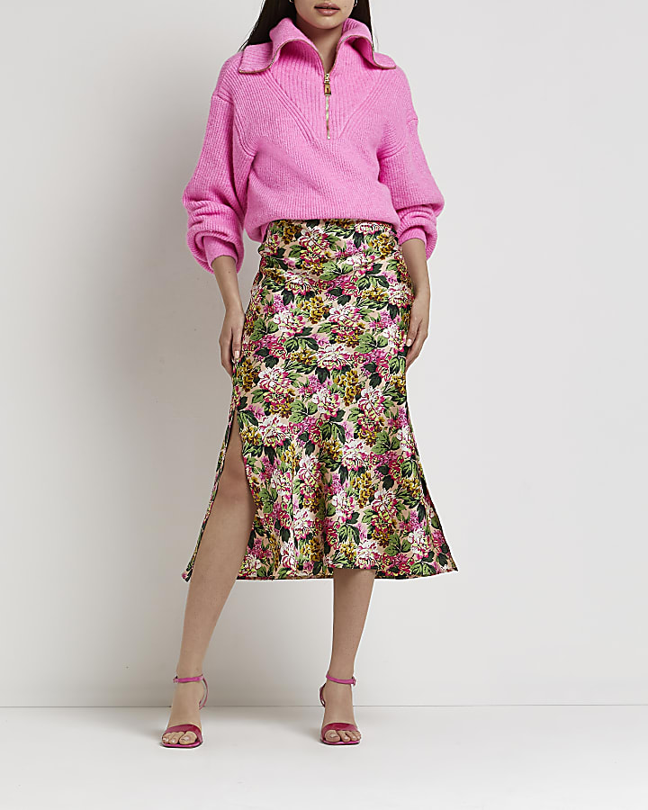 Pink floral midi skirt