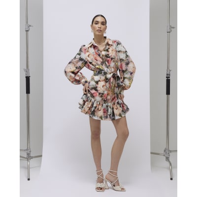 Pink Floral Mini Shirt Dress