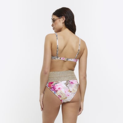 Pink floral plunge bikini top